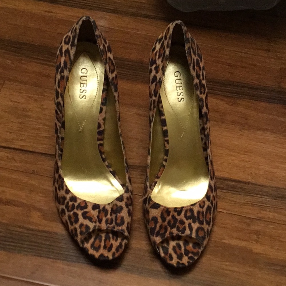 GUESS Leopard Print Open Toed Heels